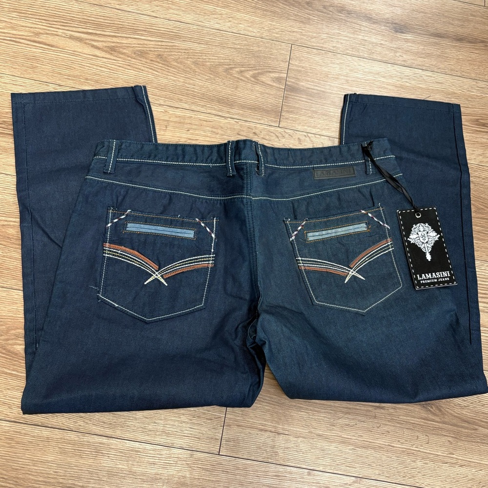 Dark blue Lamasini straight leg jeans, embroidery and zipper details size:42/30